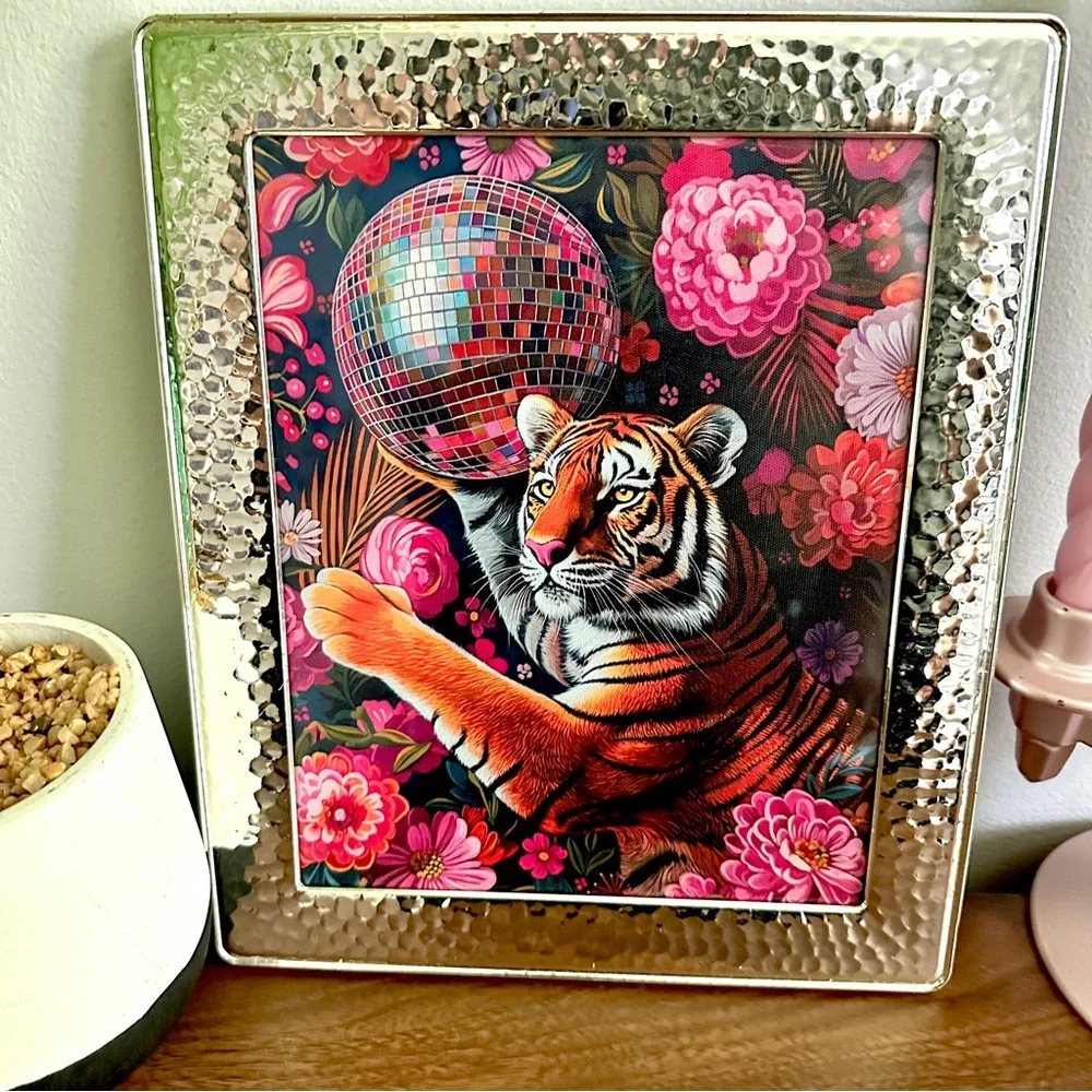 Disco Tiger Jungle Floral Colorful Canvas Art Print Silver Framed Art Big Cat